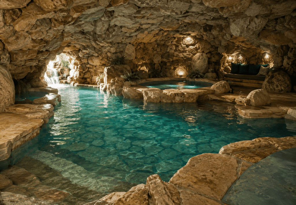 Luxury fiberglass pool installation with custom rock grotto and waterfall